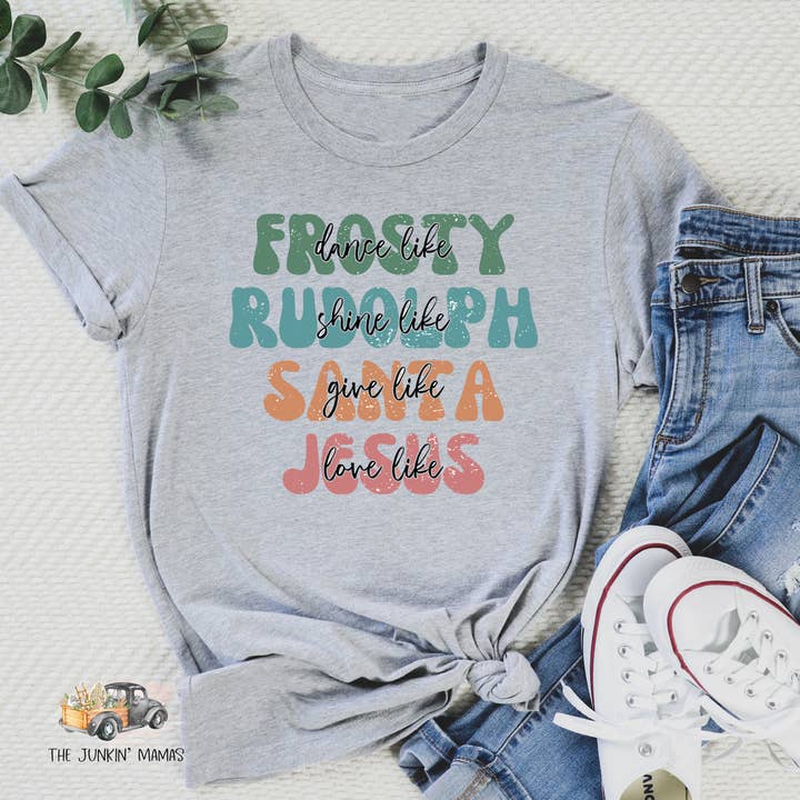 The Junkin’ Mamas - Wholesale Screen Printed T-Shirt - Women's - Frosty Rudolph Santa Jesus Tee1