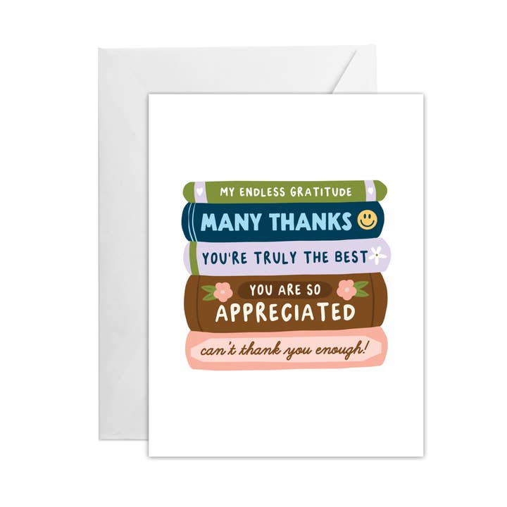 Thanks Book Stack Greeting Card for wholesale by Oh Happy Dani