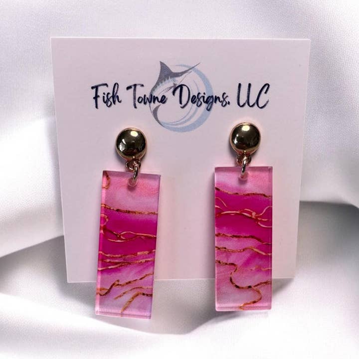 Pink Marbled Acrylic Statement Earrings with Gold Accents for wholesale by Fish Towne Designs, LLC