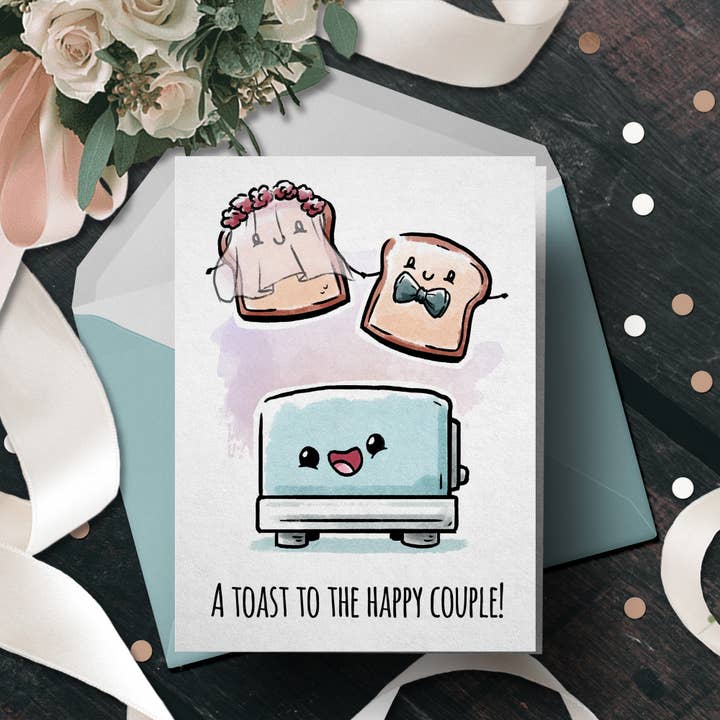 Witzige, süße schwule Lesben-Hochzeitskarte mit Aufschrift „Toast to the Couple“ für den Großhandel von Aaron Millard Illustration