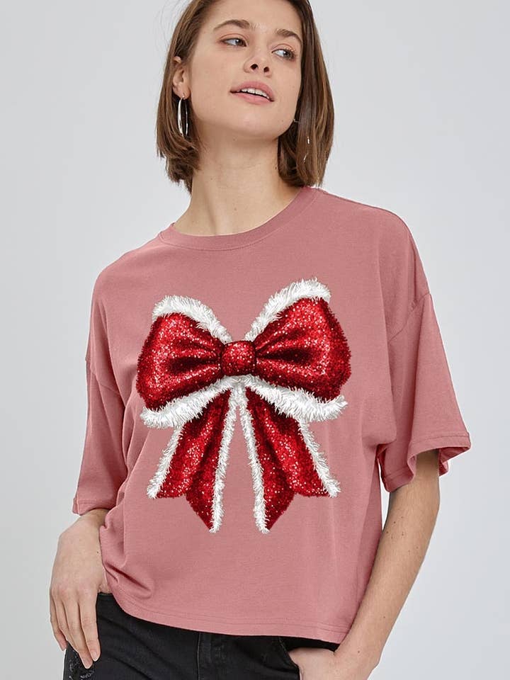 Christmas Santa Bow Graphic Relaxed Crop Top for wholesale by COLORBEAR
