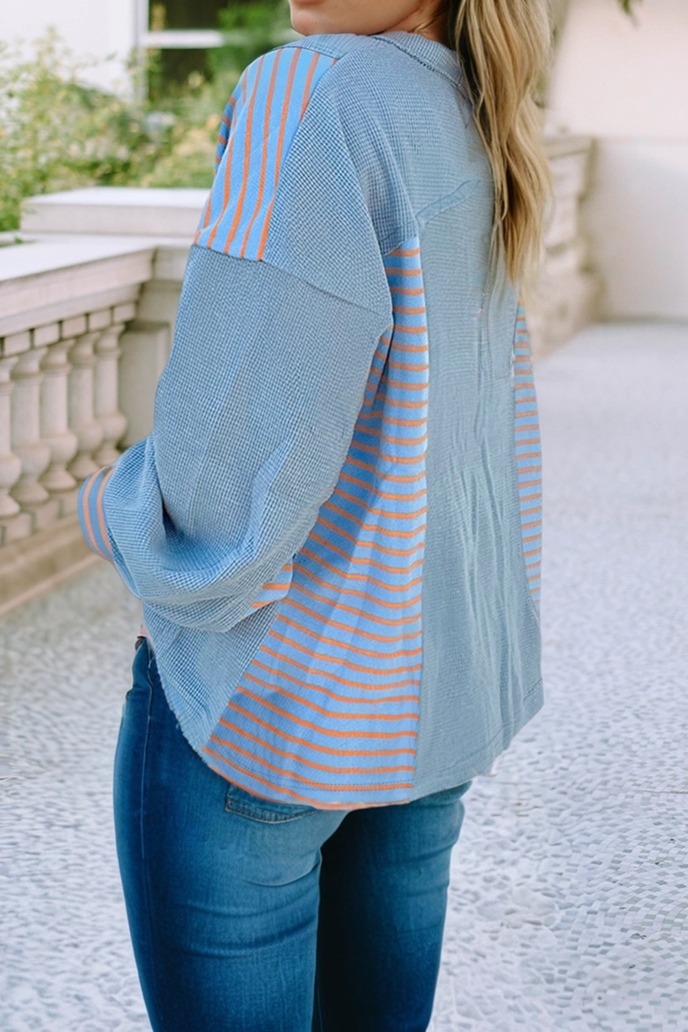 Little Daisy Closet - Wholesale Sweatshirt - Women's -  LDC Exposed Seam Waffle Striped Patchwork Baggy Pullover1