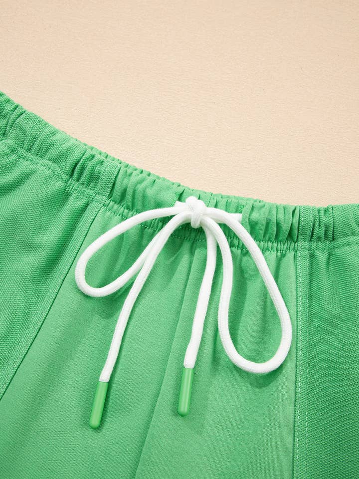 Lovesoft - Wholesale Lounge Set - Women's - Mint Green V Neck Drop Shoulder Tee and Patchwork Drawstring Shorts Set