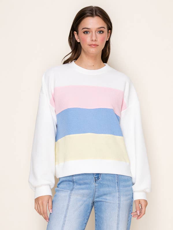 TOP DE PUNTO NUBLADO CON BLOQUES DE COLOR Y CUELLO REDONDO M/L para venta al por mayor de Tres Bien, Inc