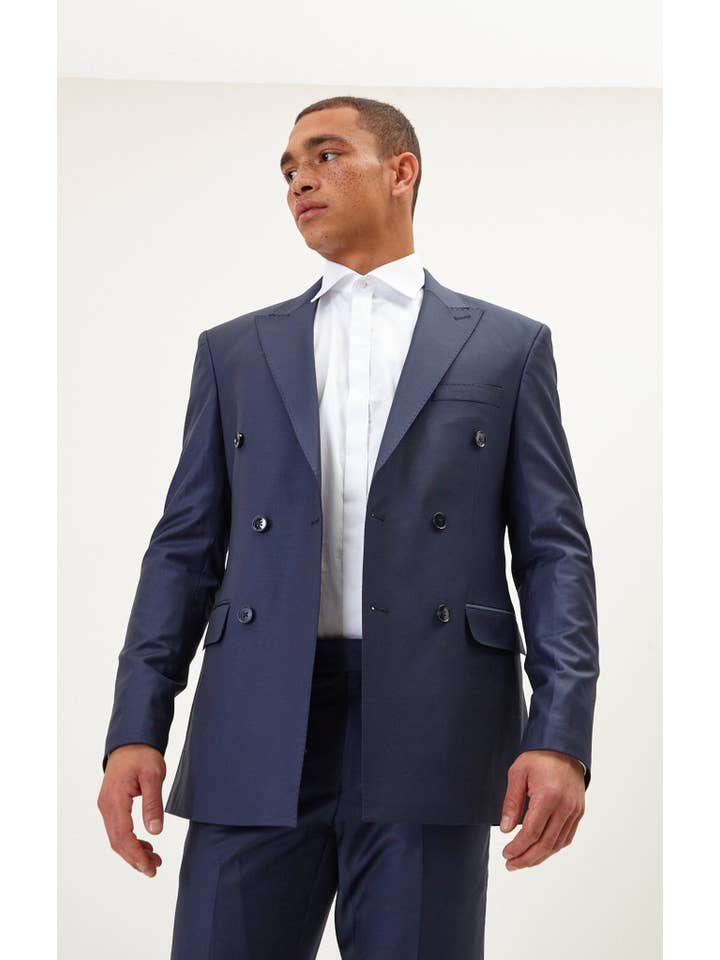 NAVY SOLIDO Abito da uomo Ron Tomson doppiopetto in lana Merino Super 120s, blu navy in vendita all'ingrosso su Faire13