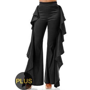 Wholesale Womens Plus Size High Waist Flare Pants With Front Pleating &  Button Waist Detail - Black