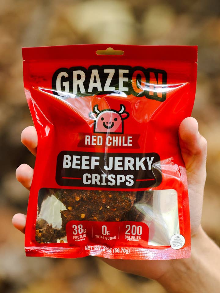 GrazeOn Red Chile Beef Jerky Crisps- High Protein, No Sugar, Crunchy Air-Dried Meat Snack - 2.0 oz for wholesale by GrazeOn