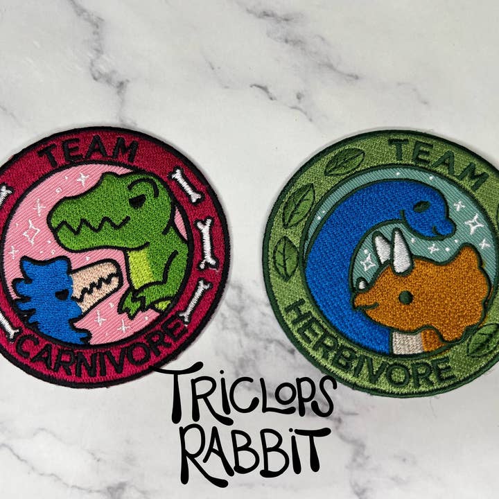 Dinosaur "Team Herbivore" "Team Carnivore" Iron-On Patches for wholesale by Triclops Rabbit