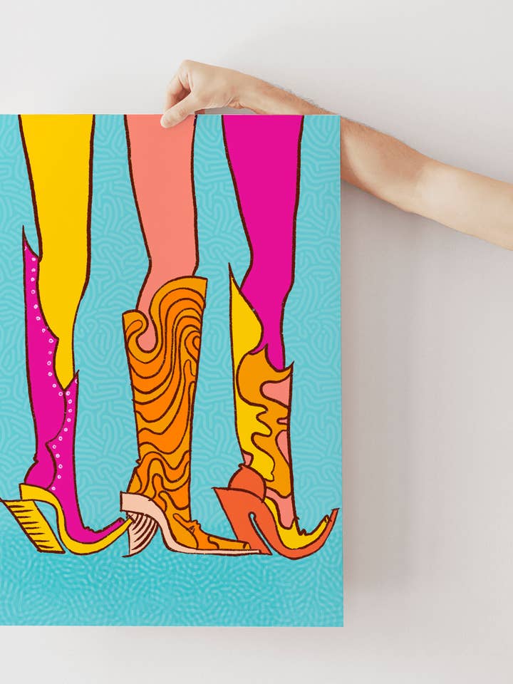 Psychedelic Colorful Cowboy Boots 60s/70s Inspired Art Print for wholesale by Rhinestone Rodeo Art