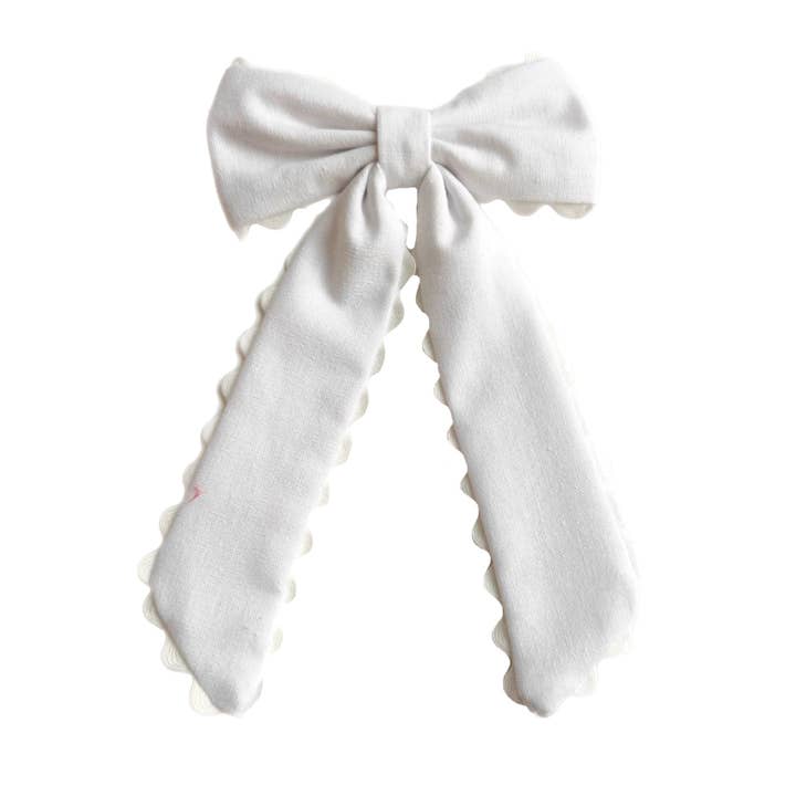 White Linen Solid RIC RAC Hair Tied Bow w/ Clip for wholesale by Pretty in Pink Bows