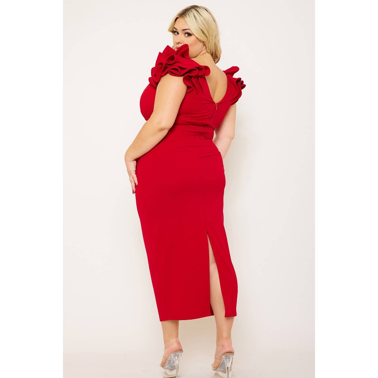 omgstyles - Wholesale Dress - Women's - PLUS SIZE RUFFLE DETAILSHOULDER MIDI DRESS6
