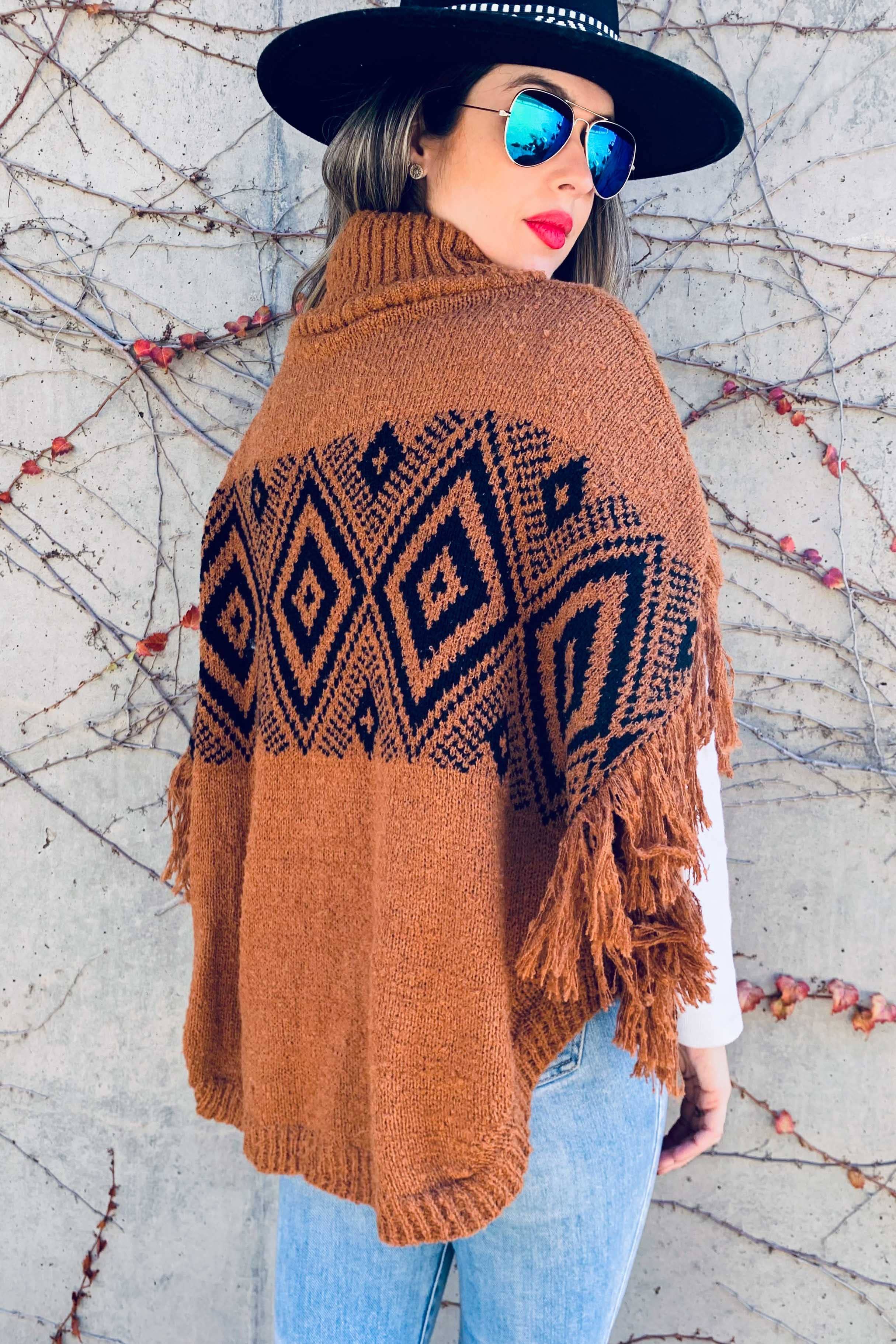 AMOLI - Wholesale Knit Sweater - Women's - Aztec Printed Turtleneck Fringe Light Weight Soft Poncho9