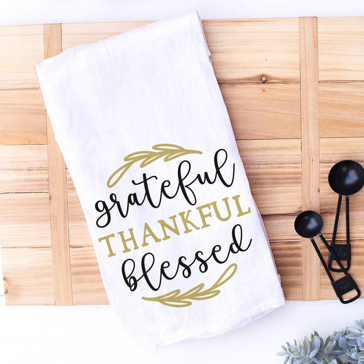 Zwart en goud Dankbare, dankbare, gezegende keukenhanddoek voor wholesale door Designing Moments