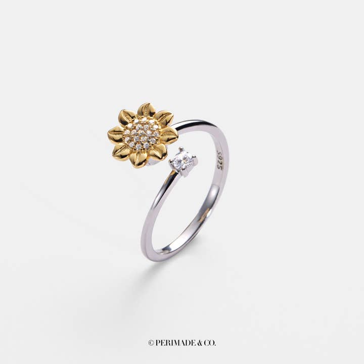 Perimade & Co. LLC - Wholesale Multi-Stone Ring - Sunflower Anxiety Fidget Spinner Ring in 925 Sterling Silver2