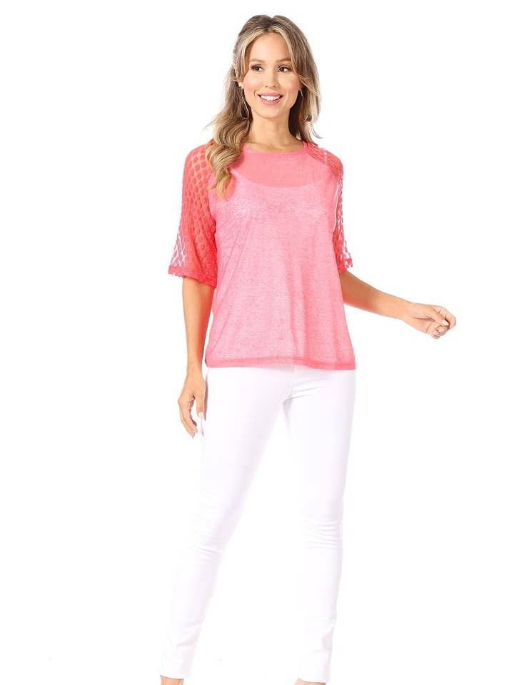 Crochet knit short sleeve top with round neckline for wholesale by Lady Curvaceous