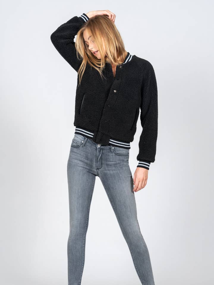 Varsity Jacket - Black Sherpa for wholesale by Black Orchid Denim