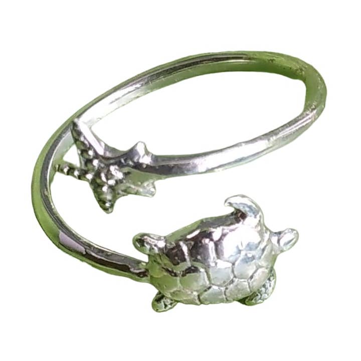 Anillo ajustable de plata de ley 925 con forma de tortuga marina y estrella de mar para venta al por mayor de SILVER CAVE
