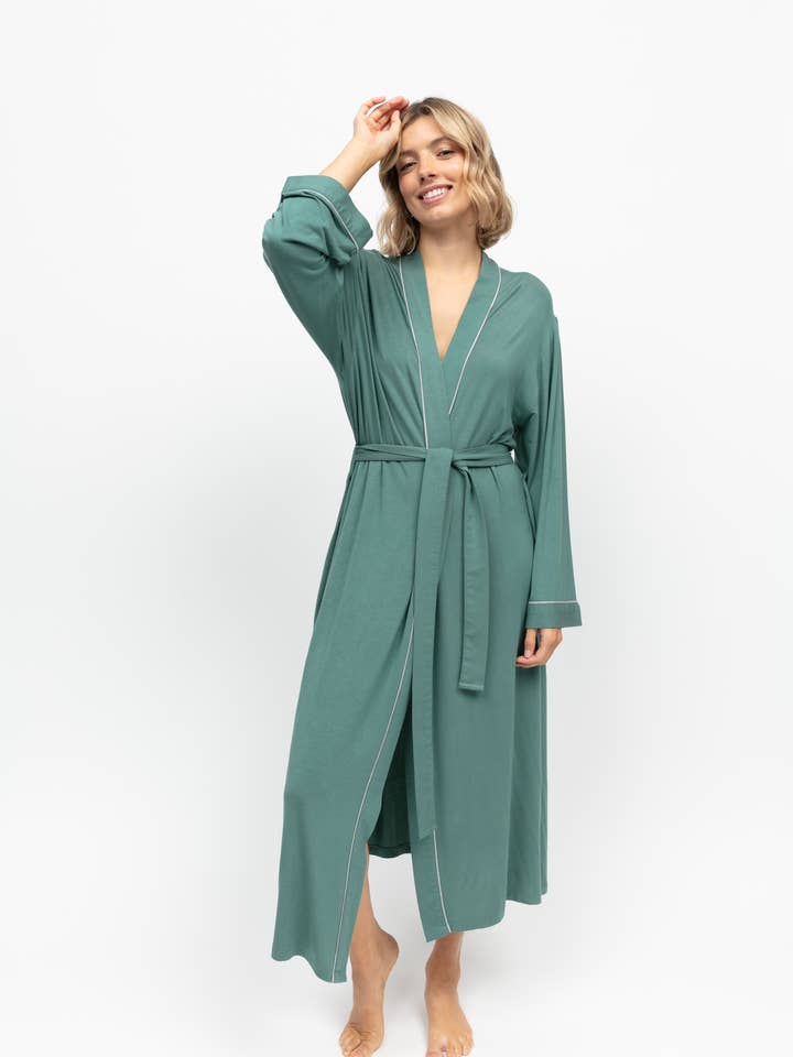 Kallie Sea Foam Green Jersey Long Dressing Gown for wholesale by Cyberjammies