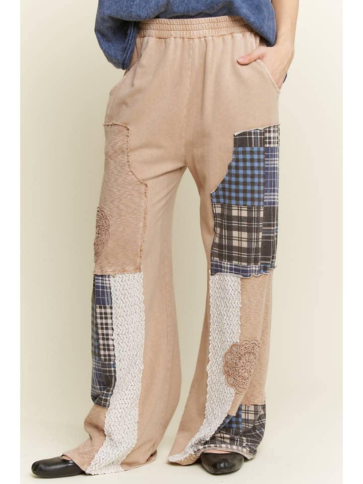 J.Her - Wholesale Pants - Women's - Mineral Washed Plaid Patched Doily Pants HP6736