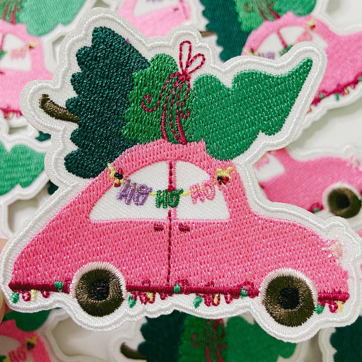 3" Pink Car w Christmas Tree - Embroidered Hat Patch for wholesale by TEELUX