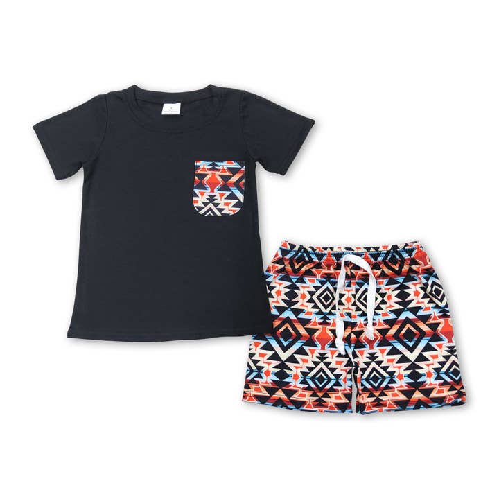 Black aztec pocket top shorts boys clothing for wholesale by Yawoo Garments