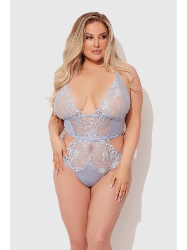 STONE BLUE SIENNA SATIN & LACE WIRELESS TEDDY for wholesale on Faire