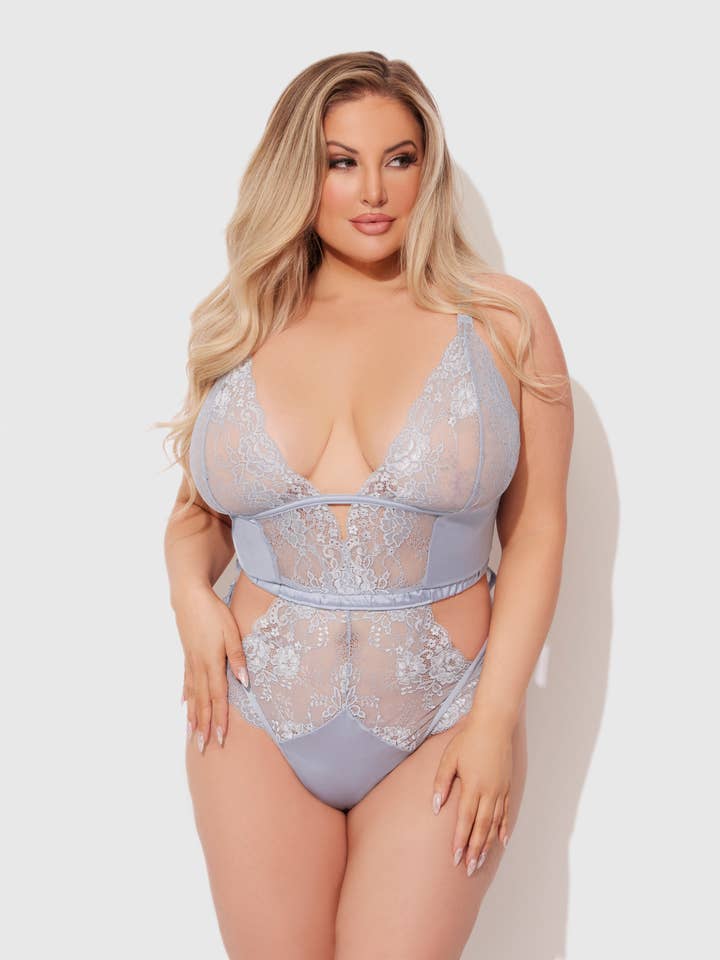 STONE BLUE SIENNA SATIN & LACE WIRELESS TEDDY for wholesale on Faire2