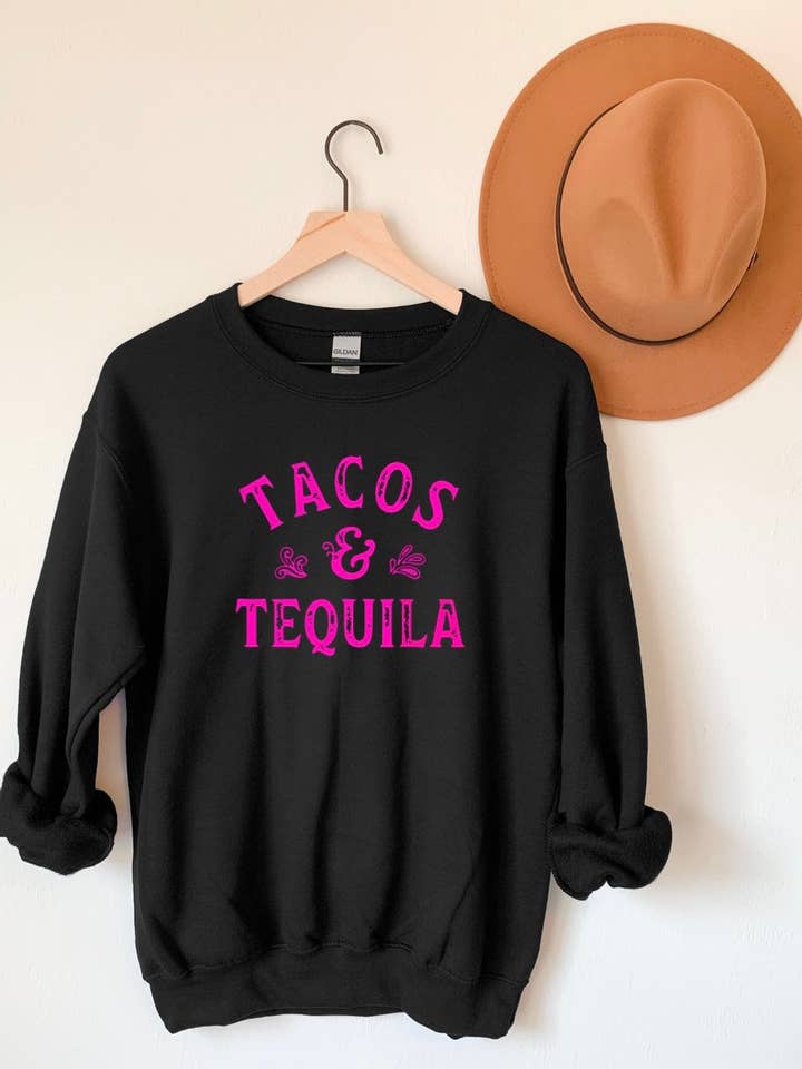 Tacos & Tequila vintage style transfer for wholesale by Axle Rose Co