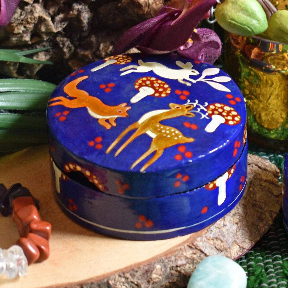 Shared Earth – wholesale Jewellery box/organiser – Round Trinket Box, woodland papier mâché blue 8 x 4cm1