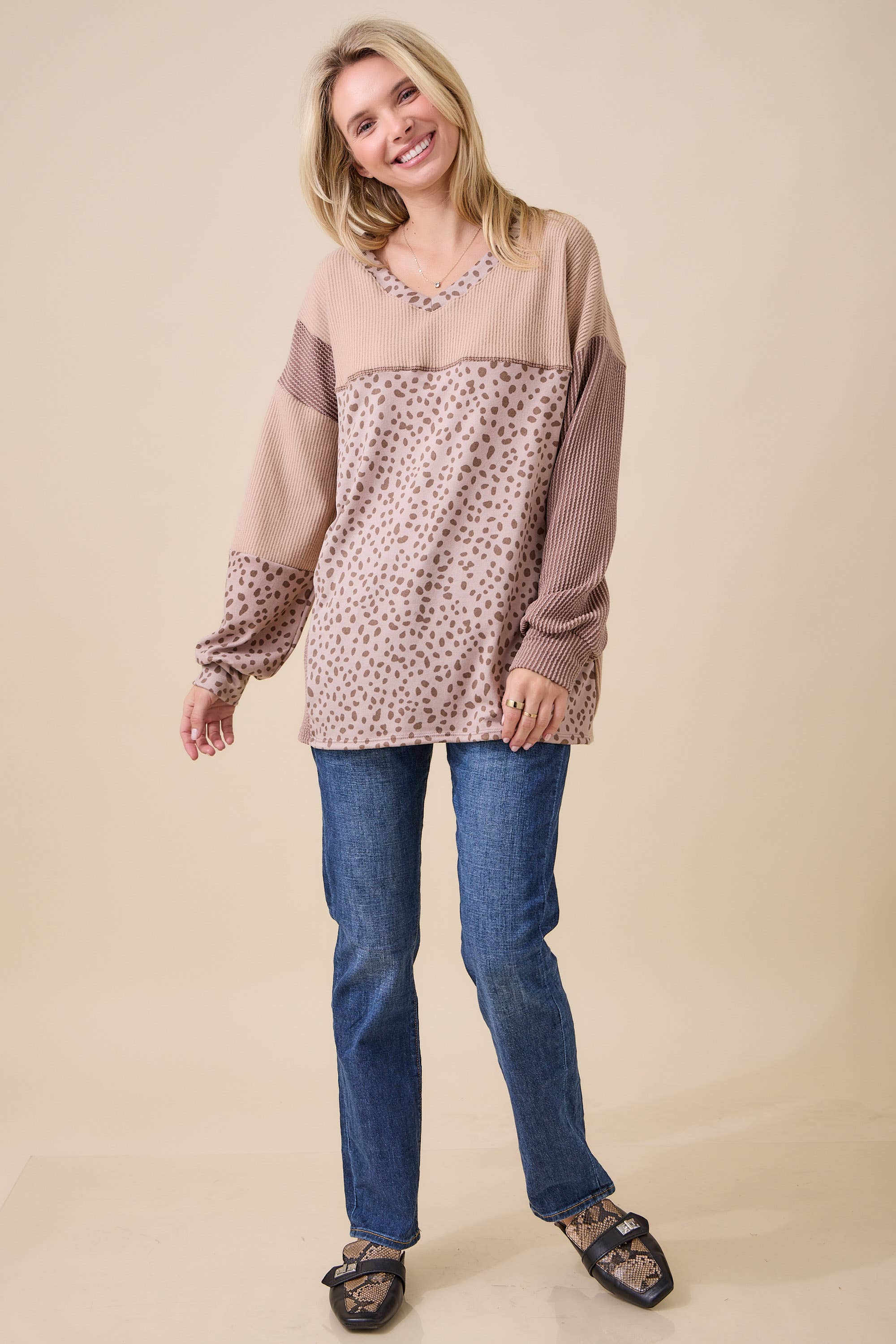 Celeste Clothing - Wholesale Knit Top - Women's - WOMEN'S RIB COLOR BLOCK ANIMAL PRINT LONG SLEEVE TOP49