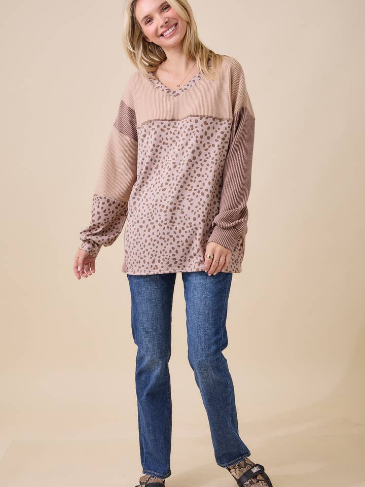 Celeste Clothing - Wholesale Knit Top - Women's - WOMEN'S RIB COLOR BLOCK ANIMAL PRINT LONG SLEEVE TOP49