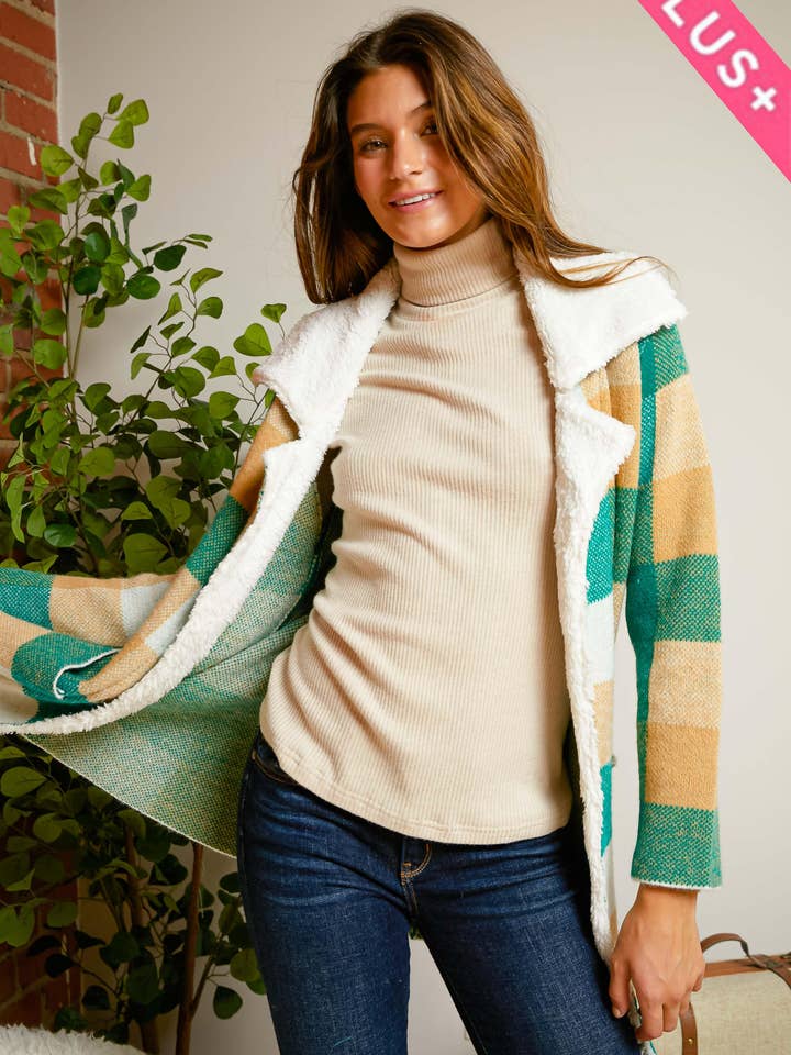 Green Multi PLUS CHECKER FAUX FUR COLLAR JACKET for wholesale on Faire2