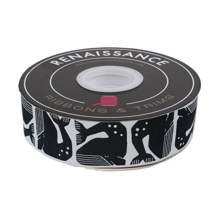 Vid havet - Grinig val i svart - 1-1/2" bredd - av Loes Van Oosten - 15 yards rulle för wholesale av Renaissance Ribbons