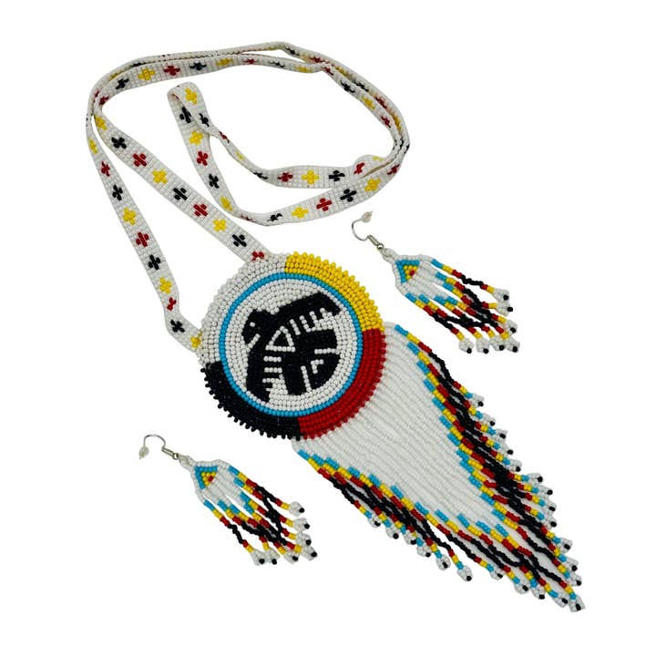 Handmade Beaded Necklace Earrings Set with 2-3 Inch Rosette Pendant - 4 Direction Thunderbird for wholesale by BEADS CORNER