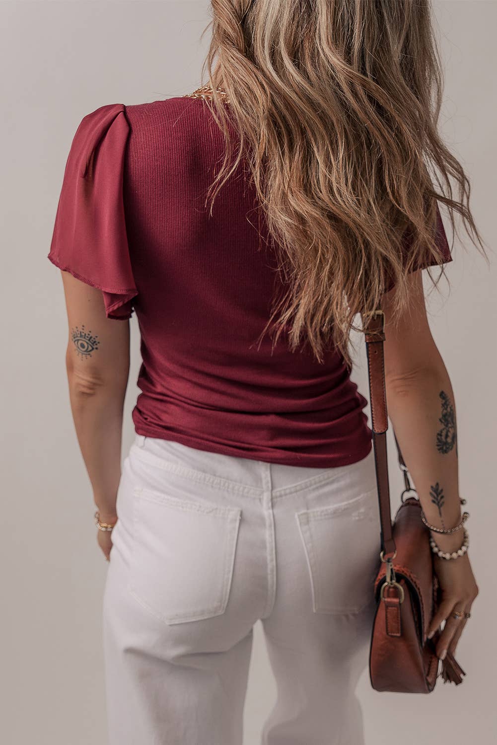 FULL TIME PURCHASE - Wholesale Blouse - Women's - Mesh Ruffled Sleeve Slim Fit V Neck Top1