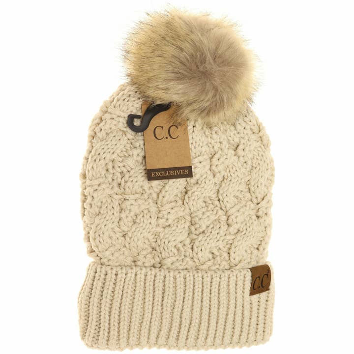 C.C Beanie - Wholesale Beanie - Women's - Ribbed Cable Knit Fur Pom Beanie YJ2021