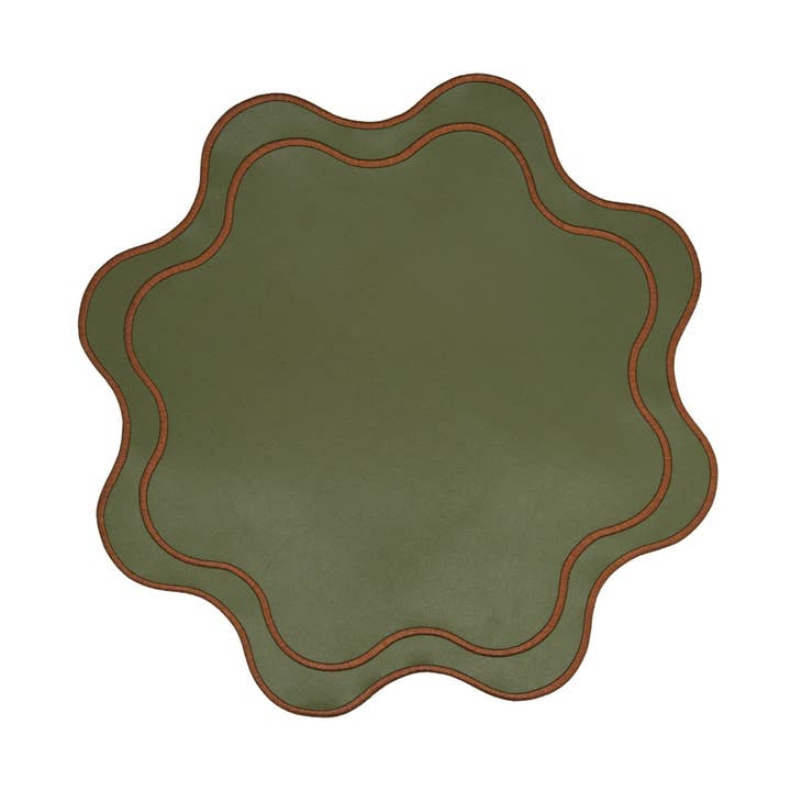 HAVEN DARK GREEN BROWN TRIM WAVY EDGE FAUX LEATHER PLACEMAT for wholesale by PNR Decor