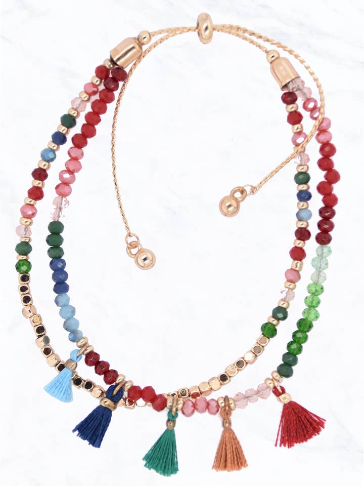 2 Row Glass Bead, Thread Tassel Chain Pull Tie Bracelet for wholesale by Suzie Q USA