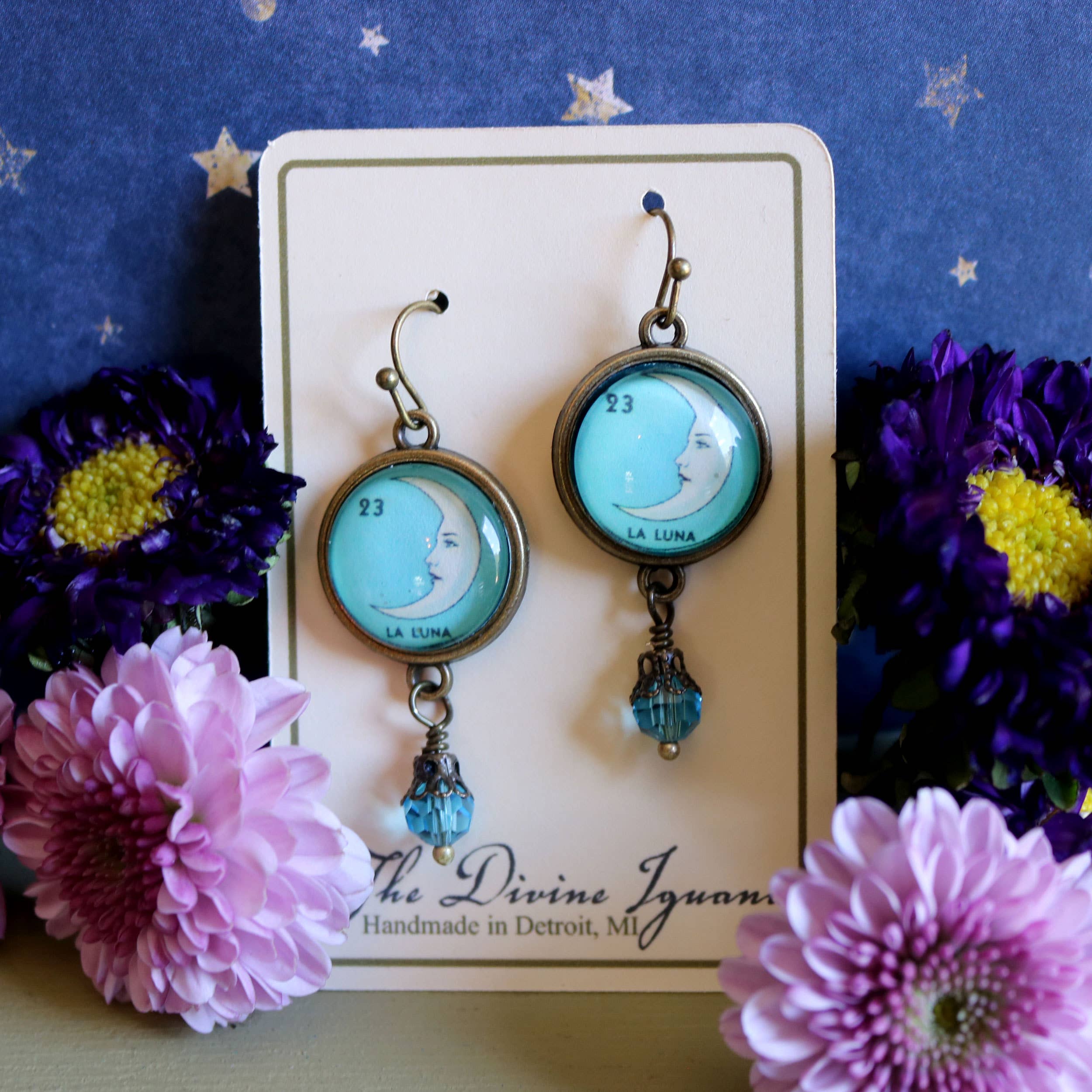 The Divine Iguana - Wholesale Dangle Earrings - Loteria La Luna Crescent Moon Glass Cabochon Earrings1