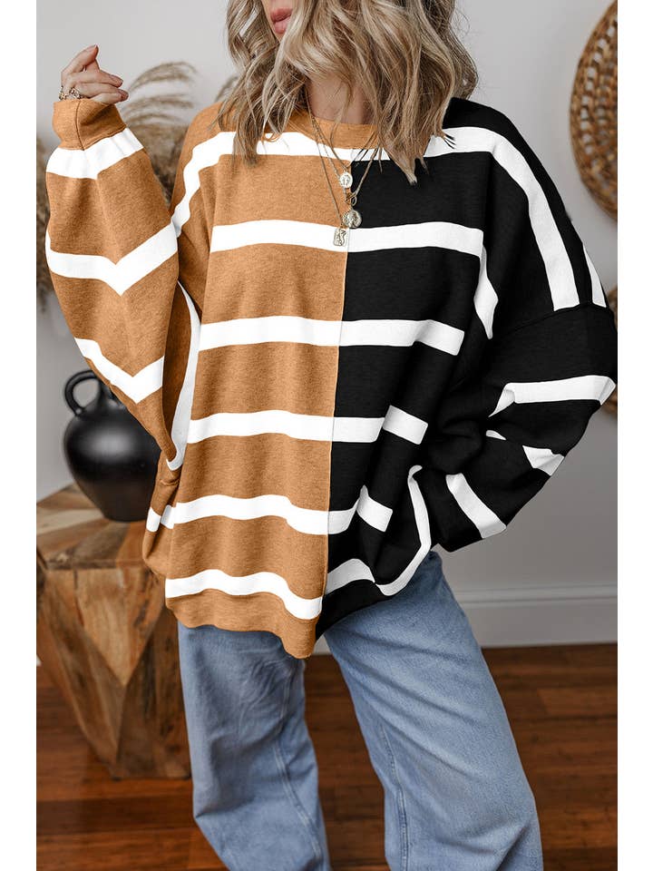 Amaryllis Apparel - Wholesale Tunic Sweater - Women's - Stripe Colorblock Oversized Sweater19