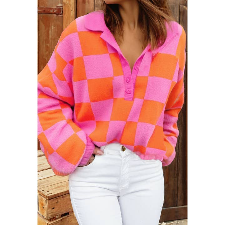 Checkered Knit Polo Collar Baggy Sweater for wholesale by fashionworks