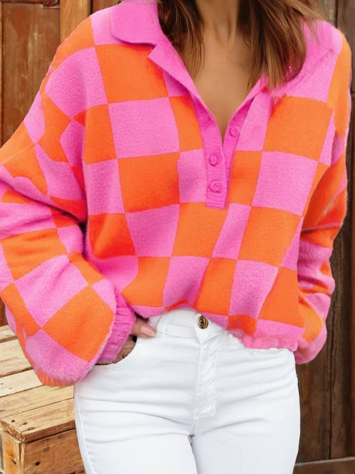 Checkered Knit Polo Collar Baggy Sweater for wholesale by fashionworks