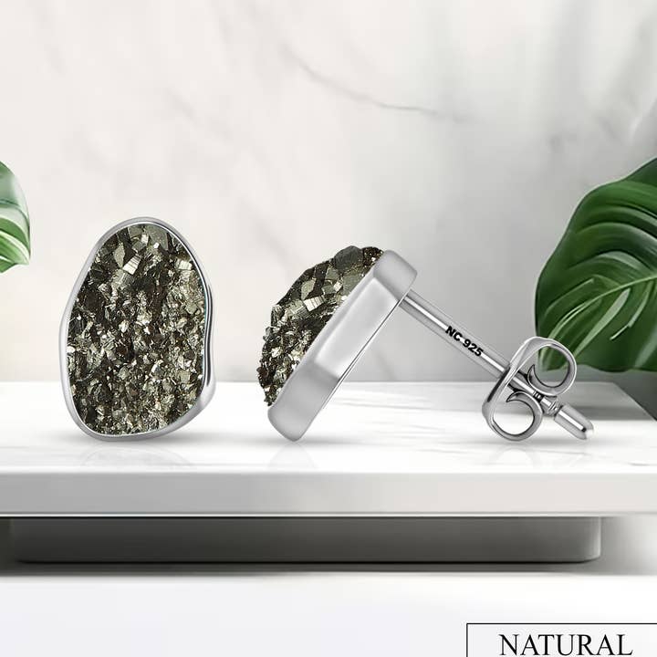 Naturlige ru pyrit Stud øreringe, Sterling Sølv for engroshandel hos Nature Crafts