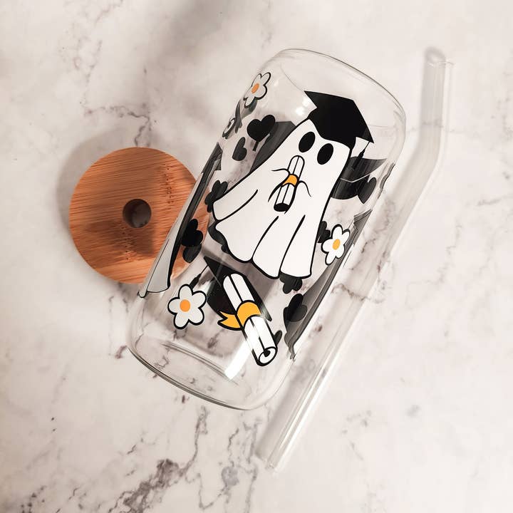 Spooky Ghostie Grad Glass Coffee & Beer Cup, Graduation Gift for wholesale by honeysheshome