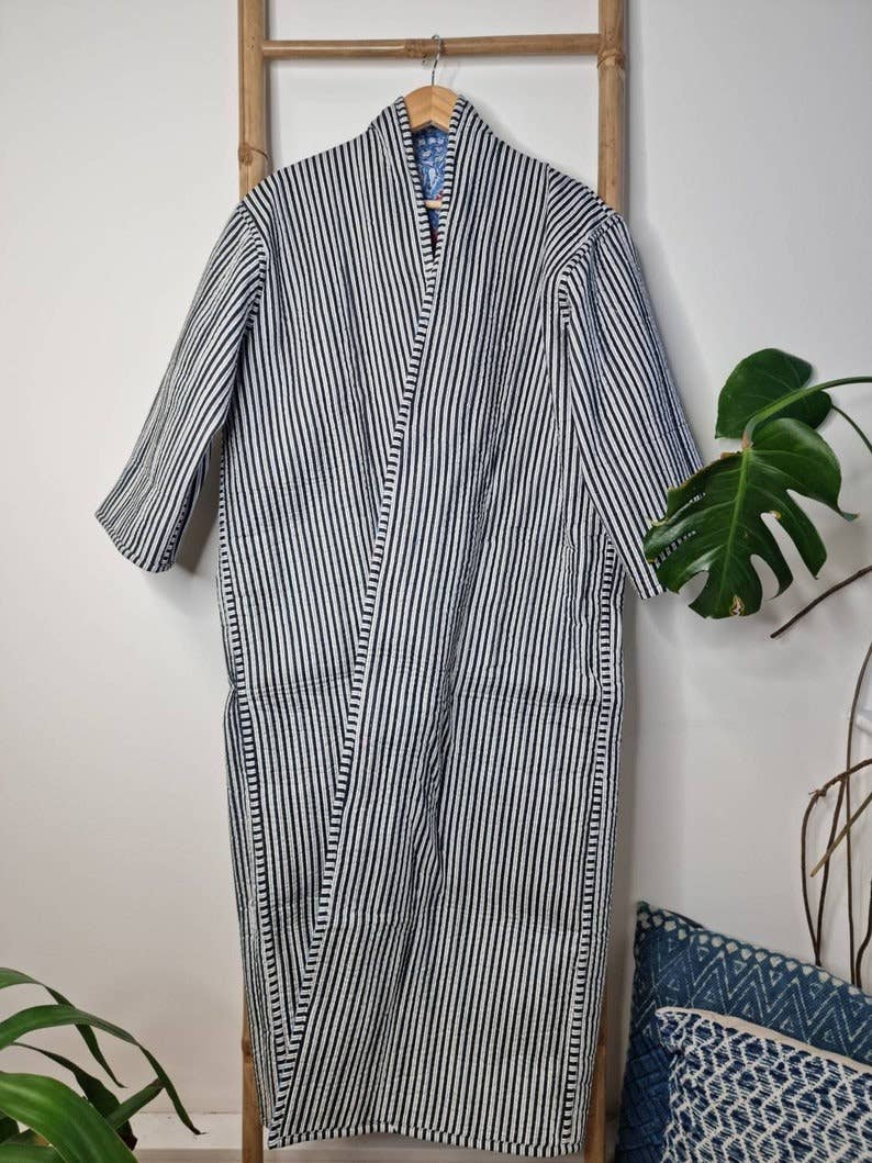 Essential Designs London - Wholesale Robe - Women's - Quilted Unisex Pure Cotton Reversible Long Length Autumn Winter Dressing Boho Kimono Robe HandBlockprint Floral Blossom Green Blue Stripe7