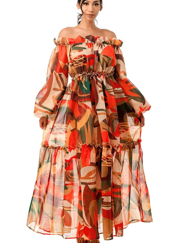 Off The Shoulder Balloon Flare Maxi Dress for wholesale by Boswell