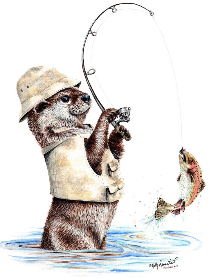 Pescador de Lontras animal pesca impressão arquivística assinada por atacado de Holly Simental