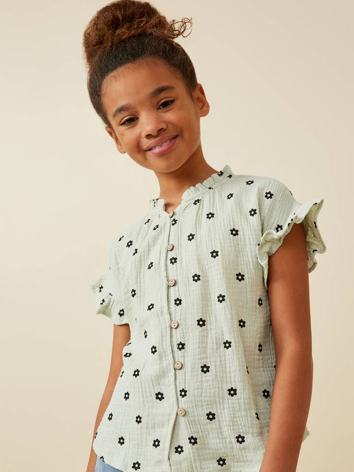 Girls Textured Floral Print Ruffle Collar Shirt for wholesale by Hayden LA