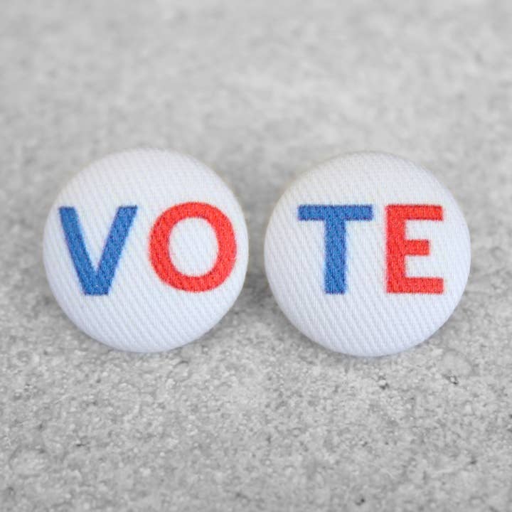 Bold 7/8 Inch VOTE Fabric Button Earrings for wholesale by Rachel O's