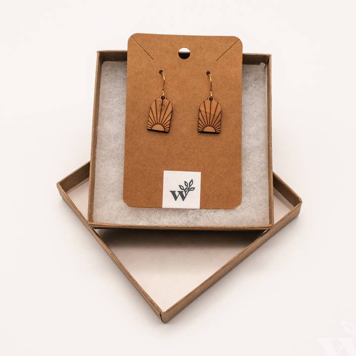 Sun Mini Laser Cut Hardwood Earrings for wholesale by Wildewood Handcrafted Goods